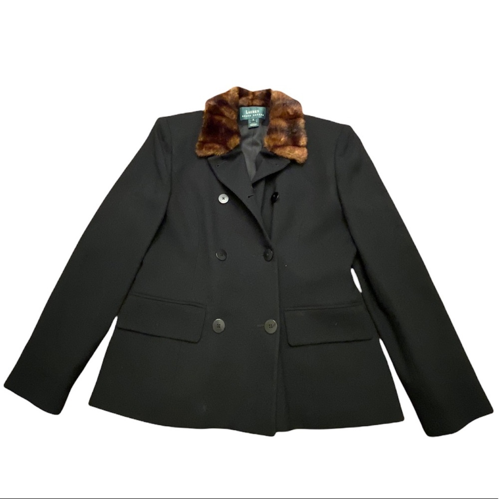 {Ralph Lauren} Vintage Jacket 100% Wool Coat Faux Fur Trim